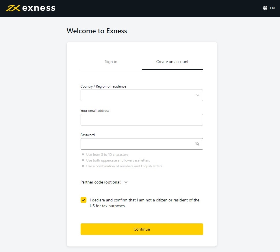 Регистрационная форма на сайте Exness