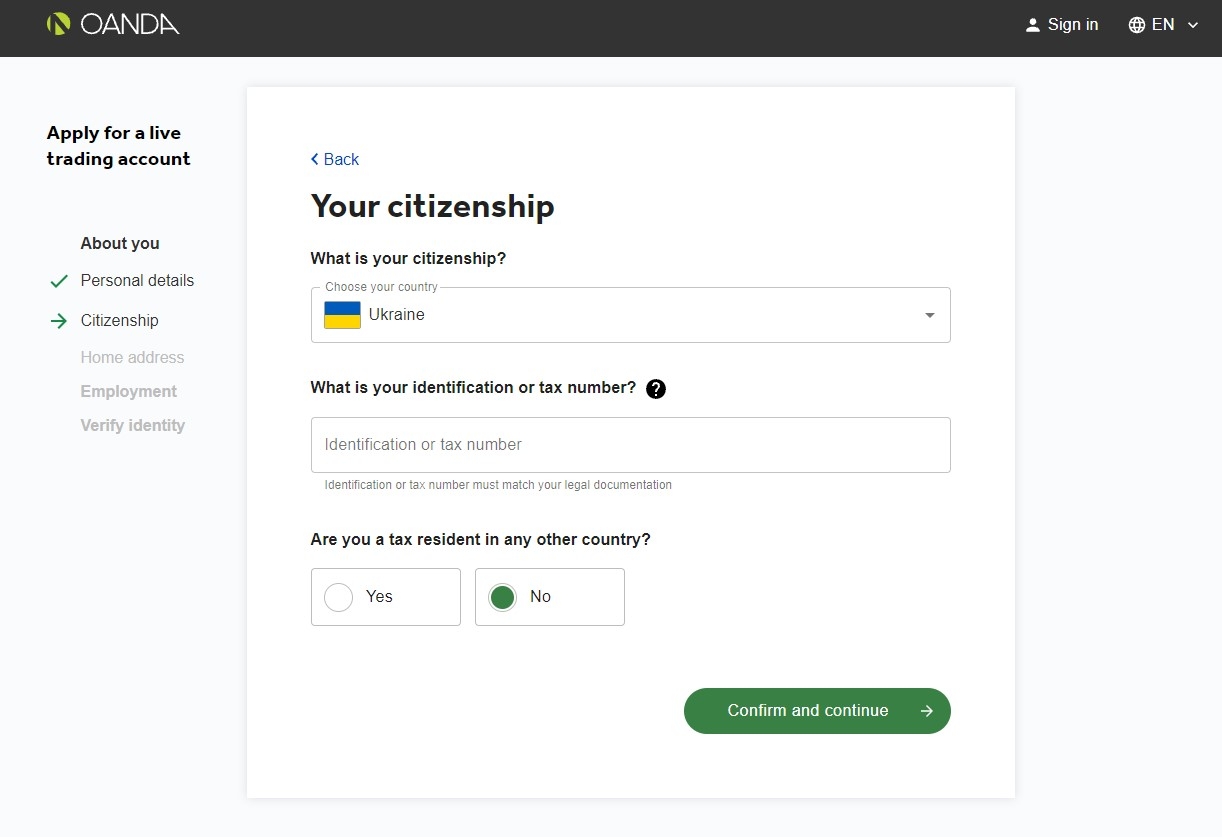 Анкета по вопросам гражданства на Oanda