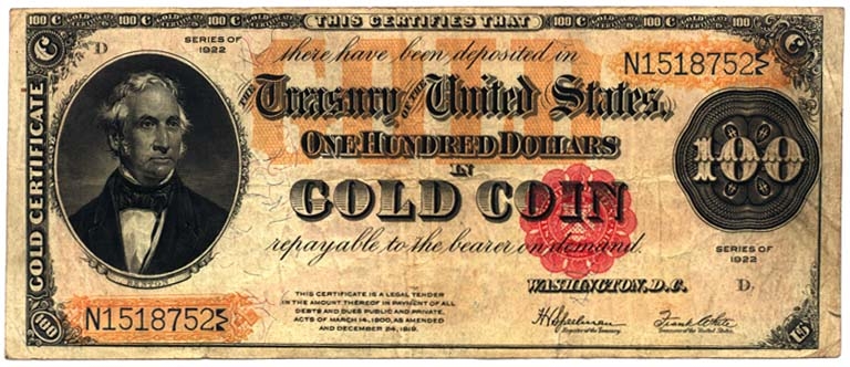 Золотые сертификаты использовались в качестве бумажной валюты в США с 1882 по 1933 год.